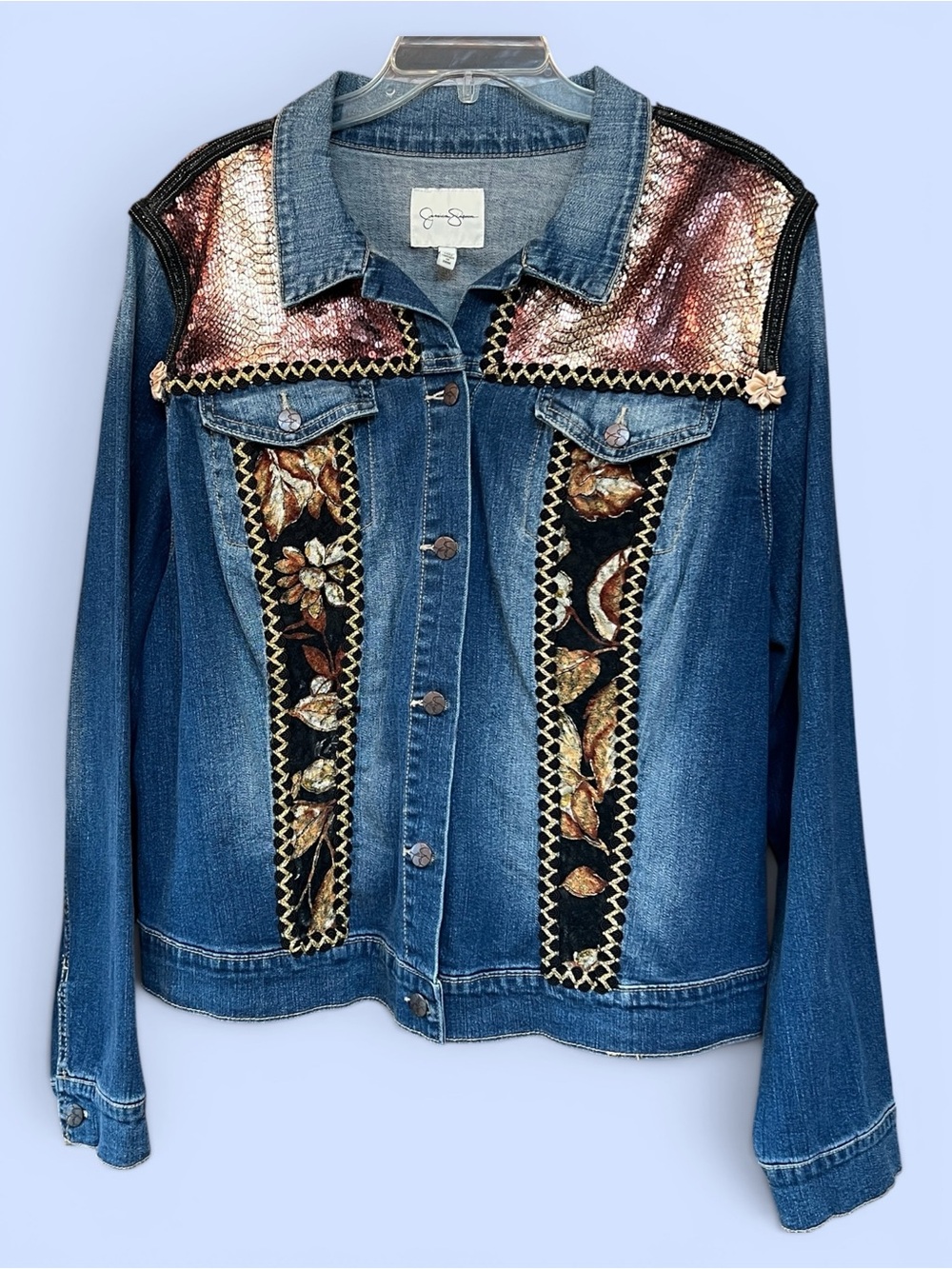Upcycled Denim‎ Jean Jacket Jessica Simpson Sz 3X Hand Embellished OOAK